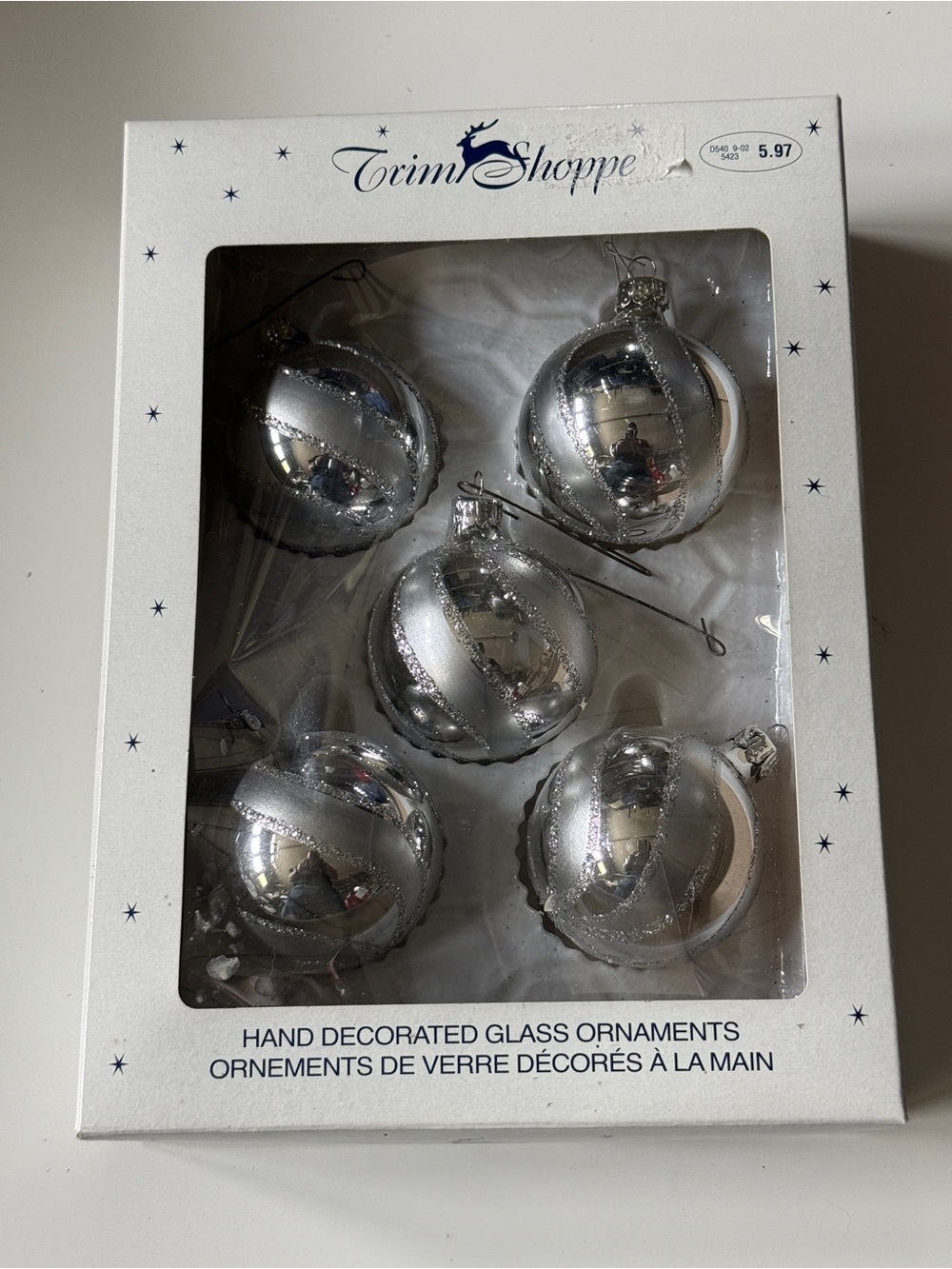 Vintage Silver Hand-Decorated Glass Ornaments (Set of 6)